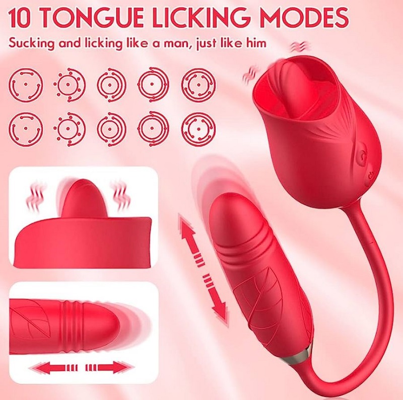 Powerful 2 in 1 Rose licking vibrator with thrusting dildo 