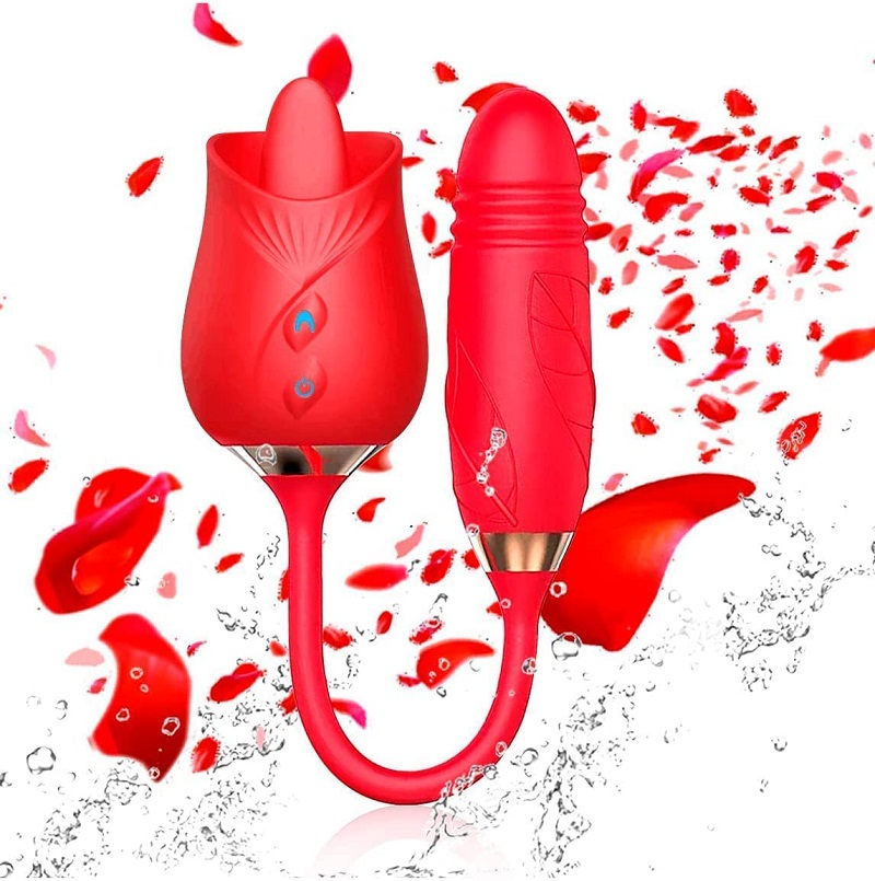 Powerful 2 in 1 Rose licking vibrator with thrusting dildo 